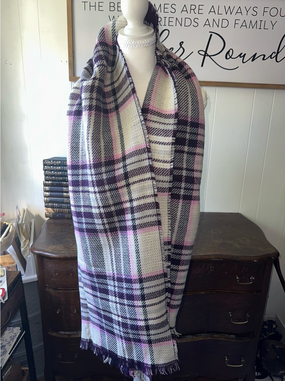 Sonoma Plaid Wrap in Cream, Purple & Pink